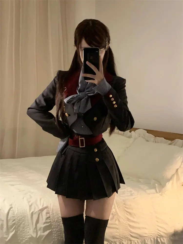 Lief En Pittig Meisje Pak Jas Temperament Strik Hoge Taille Rok Driedelige Set Voor Vrouwen Lange Rok Gothic Y 2K Rok Kawaii