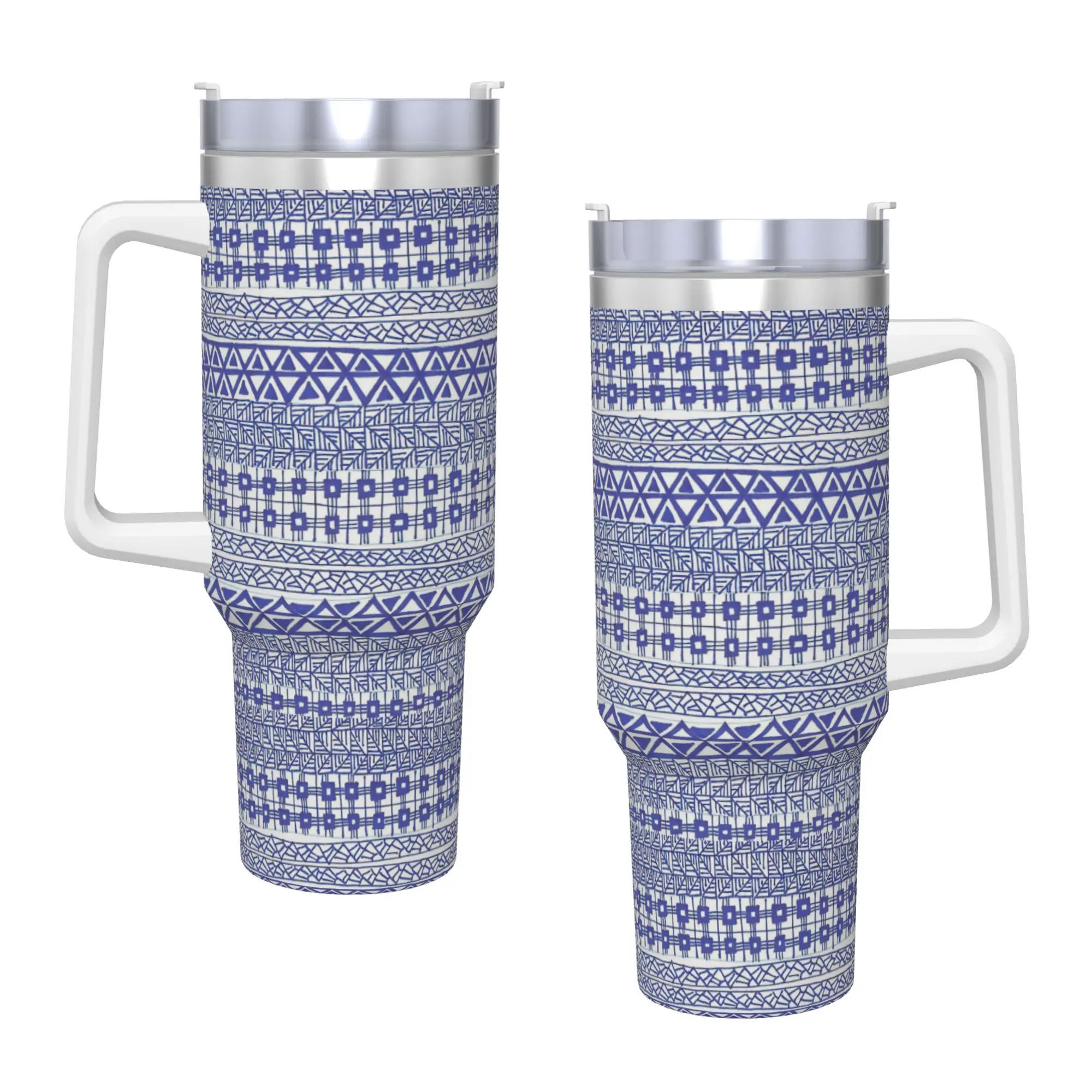 Blue Rows  Insulated Tumbler with Straws Lid Geometric Ink Blue Vacuum Coffee Mugs Double Wall Bottle Cups, 40oz