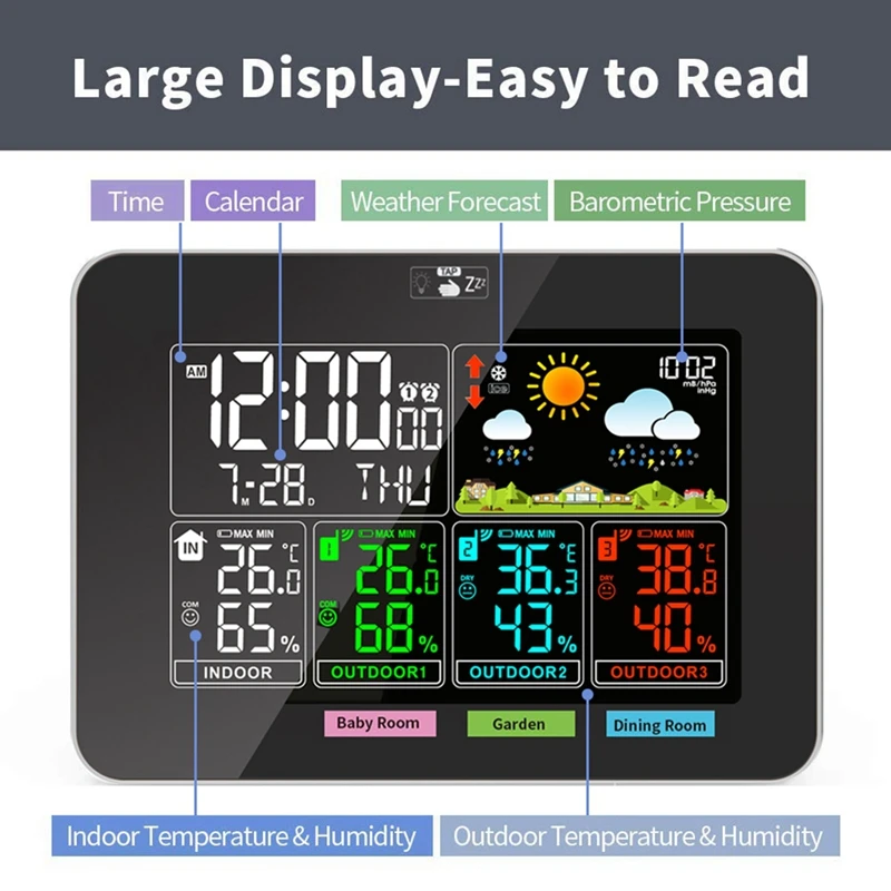 Weather Stations Indoor Outdoor Temperature Humidity VA Color Display Weather Forecast Barometric Pressure Alarm Clocks Durable