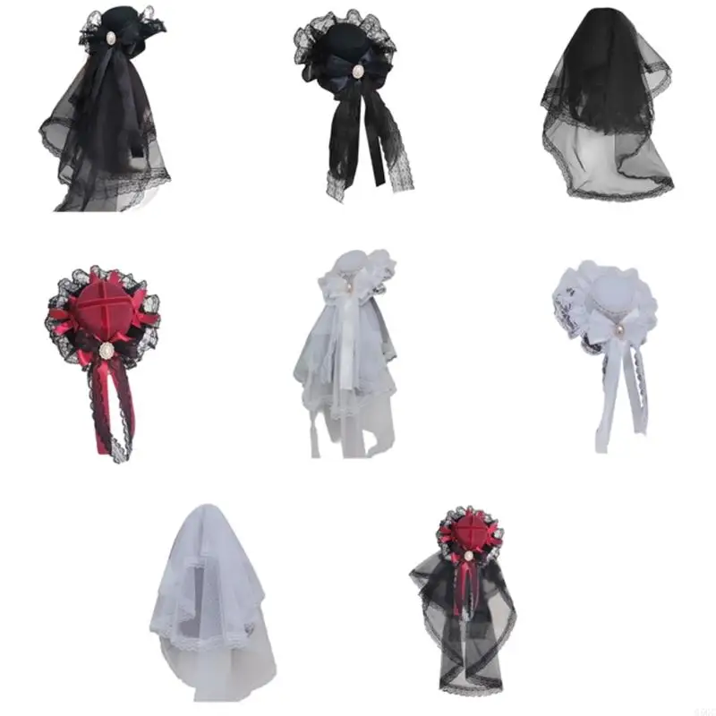 G5GC Lace Bowknot Veil Hat with Hair Clip Punk Cosplay Anime Barrette 2000s Hair Decors