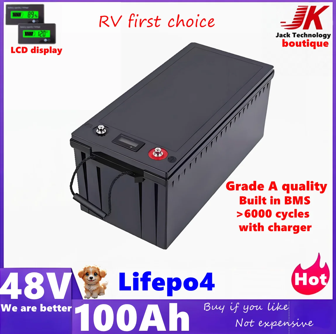 

JK 48v 100AH lifepo4 Portable battery+BMS for Outdoor，RV,tricycle golf cart inverter Solar energy storage scooter+10A charger,EV