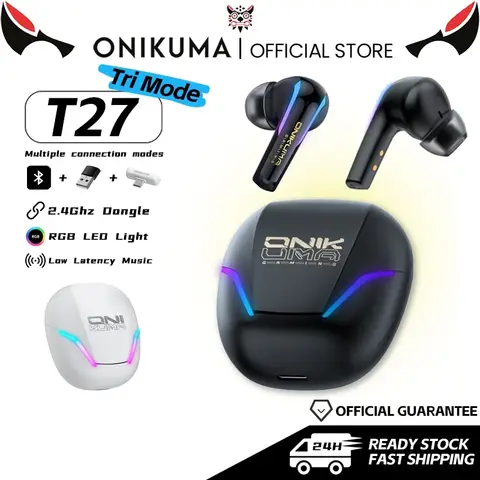 ONIKUMA T27 무선 이어폰 2.4GHz 듀얼 모드 이어버드 충전 박스가 있는 낮은 대기 시간 게임용 헤드셋 터치 컨트롤 헤드셋 RGB