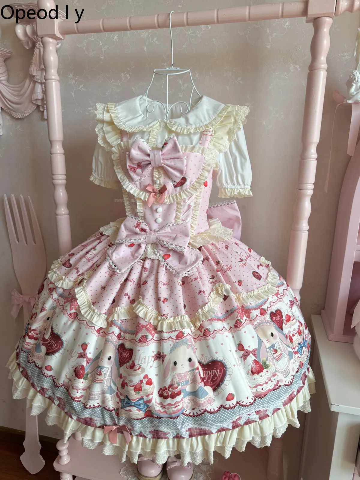 

Japanese Original Sweet Cute Lolita Long-sleeved Dress Cartoon Rabbit Bow Doll Feeling Spring Summer Short-sleeved Dress Women