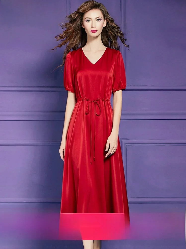 

Feminine V-Neck Drawstring Short Sleeve Dress Elegant Summer Special Lightweight Midi Skirt for Women City Commute A-Line Dress