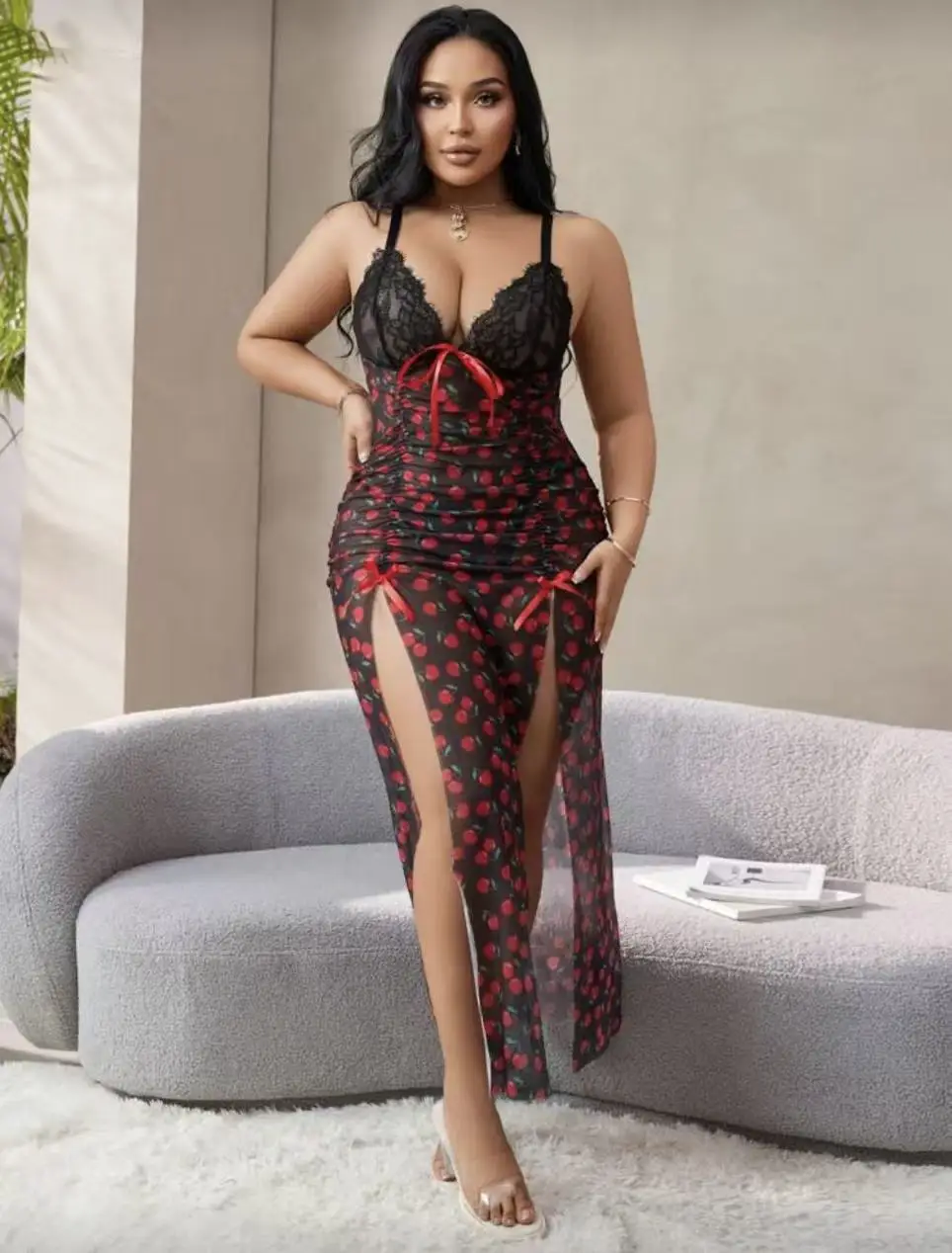 

SHElN Seduluxe, комплект из 2 предметов, сексуальная кружевная лоскутная ночная рубашка больших размеров