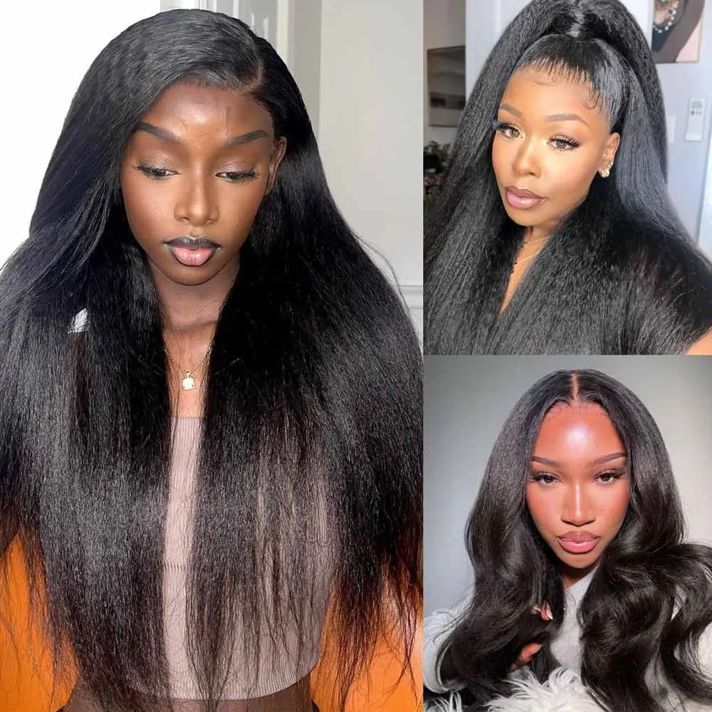 13x4 Kinky Straight Lace Front Human Hair Wig With Kinky Edges Baby Hair Glueless Yaki Straight HD Lace Frontal Wig 250% Denisty image 5