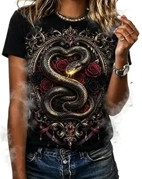 Women Gothic Golden Snake Red Rose Graphic T‑Shirt Vintage Ornate Dark Aesthetic Casual Short Sleeve Tee Top