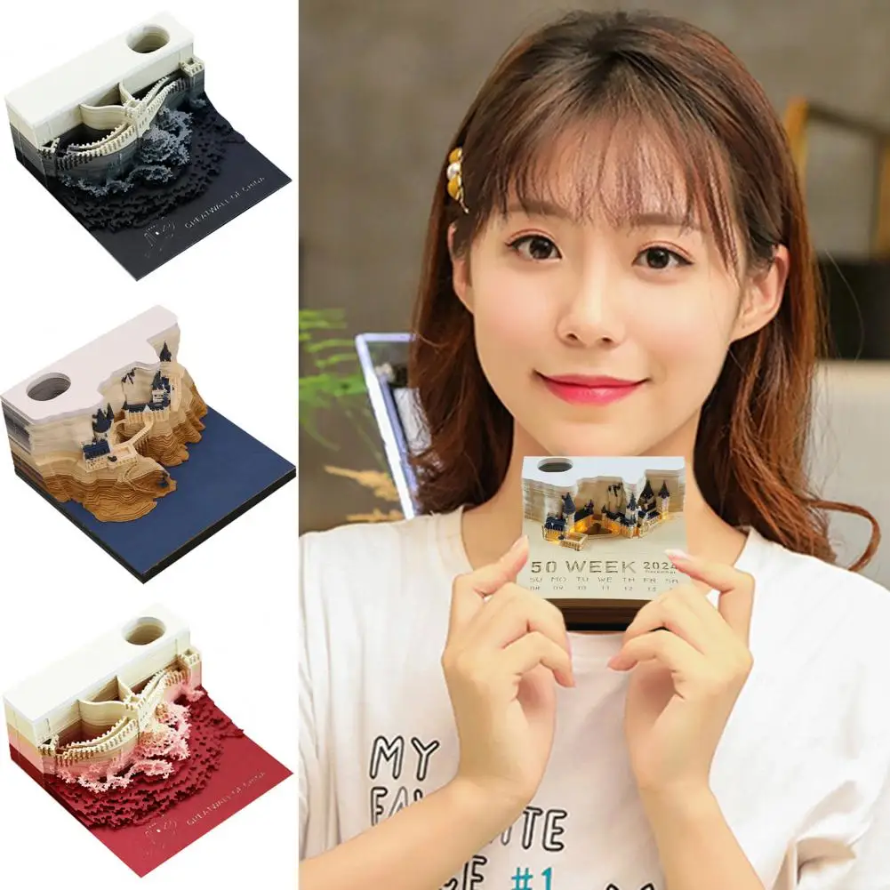 1 Set 3D Castle Calendar with LED Lights Paper Carving Art Desk Calendar Magic Castle Weekly Calendar Notepad Pen Holder