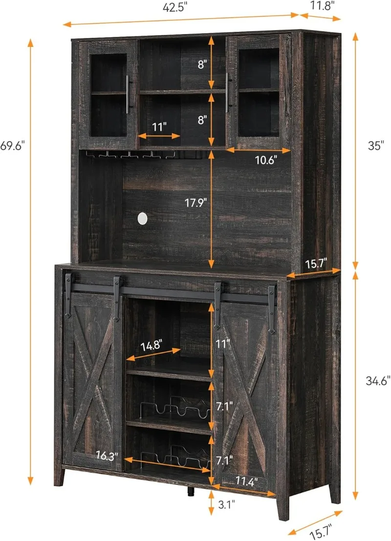 Farmhouse Coffee Bar Cabinet with Sliding Barn Door Liquor Cabinet with Wine and Glasses Rack Sideboard Cupboard Oak