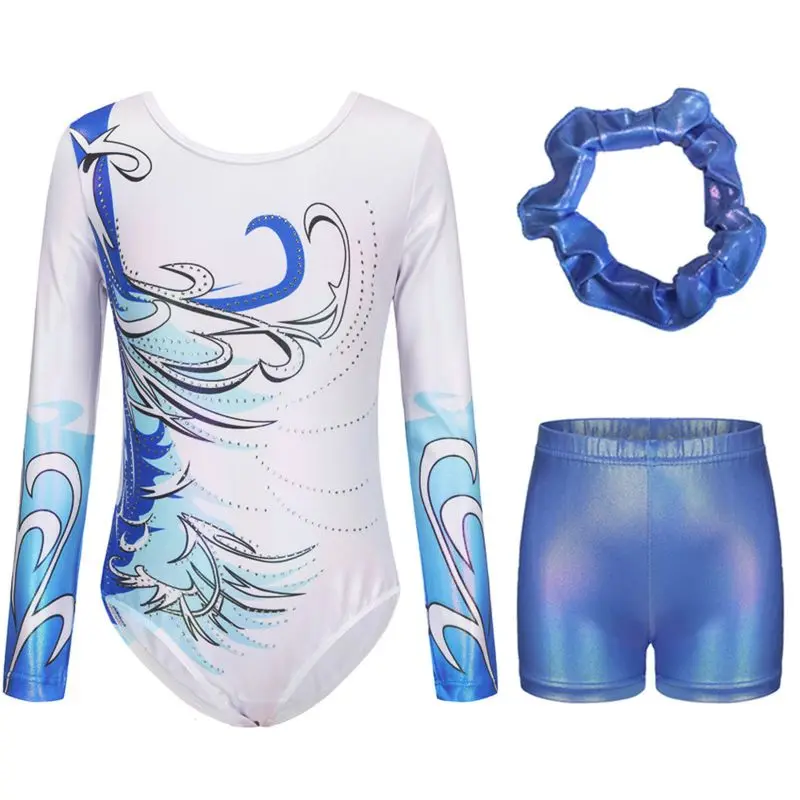 Child Girls Ballet Leotards with Shorts Headband Rhythmic Gymnastics Unitards Long Sleeve Dance Acrobatics Stage Costume 5-12 Y