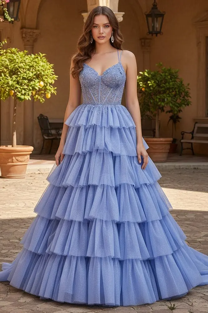 Customized Layered Tulle Ball Gown Prom Dresses Lace Appliques Corset Graduation Dress Ruffles Tiered Birthday Party Gowns
