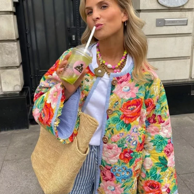 

2025Women's Autumn Flower Print Loose Cotton Coat Women's Top