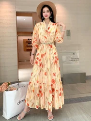 New Spring Summer Women Lace-up Bow Collar Half Sleeve Belt Slim Long Dress High Quality Sweet Big Hem Wheat Ear Floral Dress