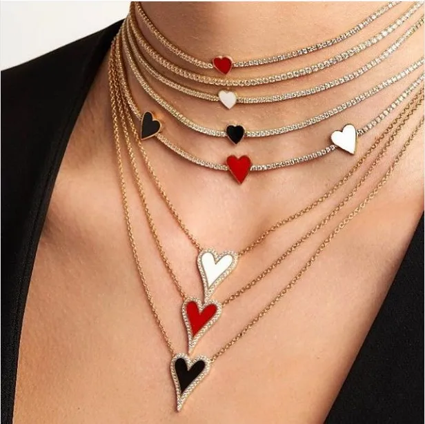 RED BLACK WHITE enamel romantic heart pendant necklace Gold Color girlfriend lover gift lovely heart design new jewelry