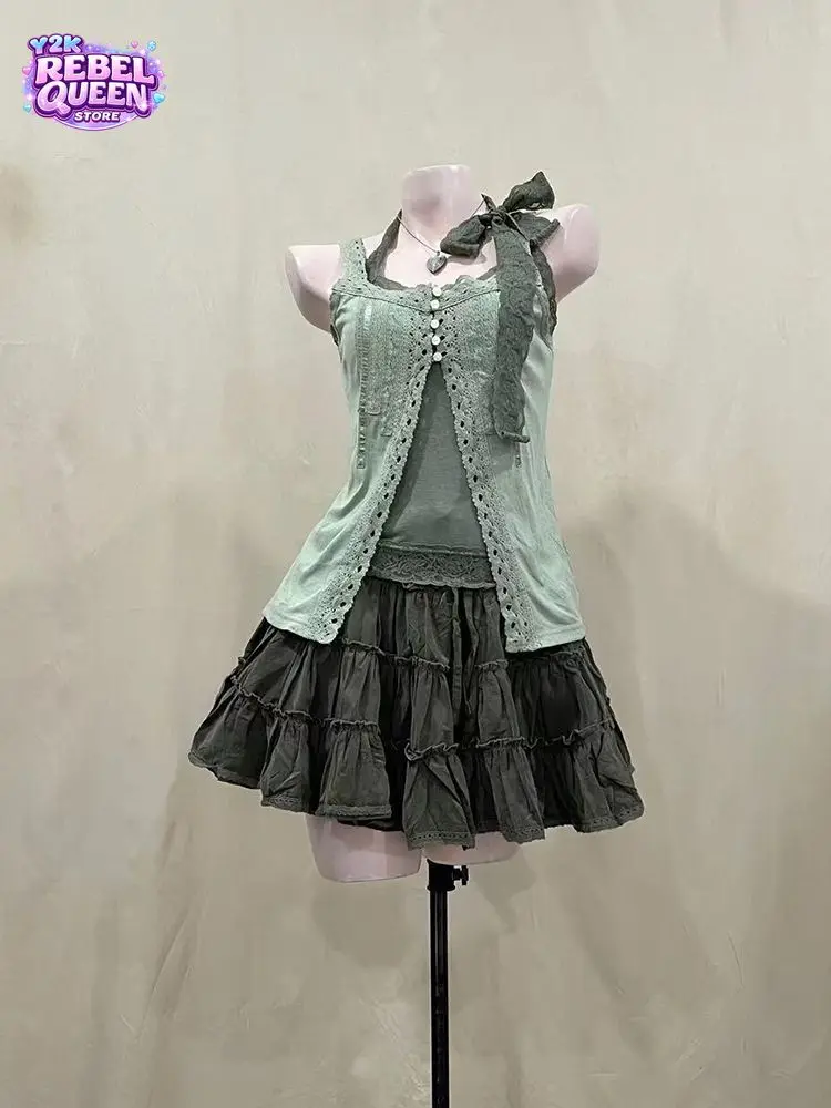 Japanese Vintage Nana Style Women 3pcs Slim Matching Set Lace Ruffle Crop Top Mini Skirt Y2K Streetwear Summer Chic Outfit