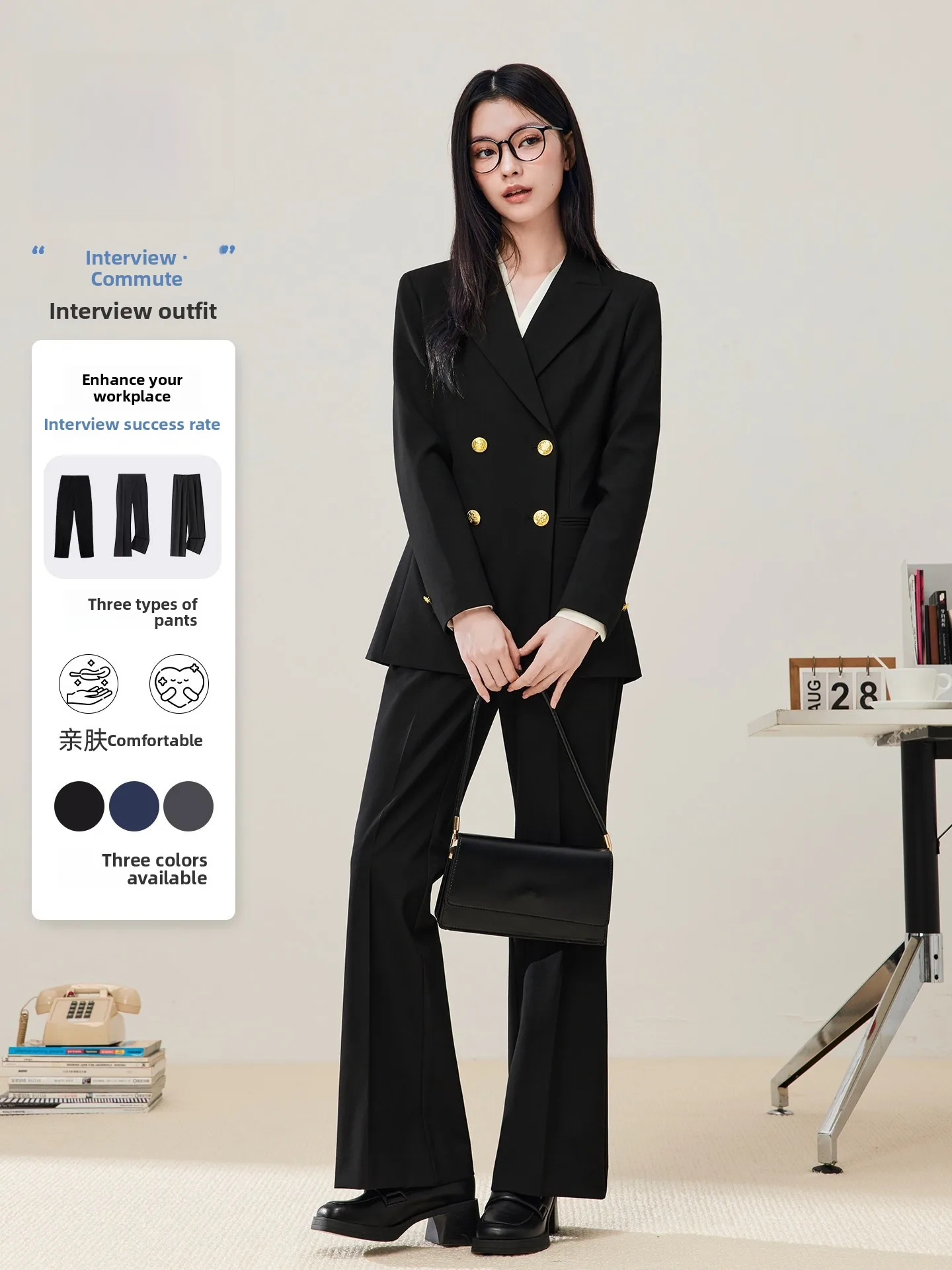 

Profional Bla Suit Set for Women Double-Row Buttoned Career Wear Interview Outfit Work orm Commuter Sle Long Sve