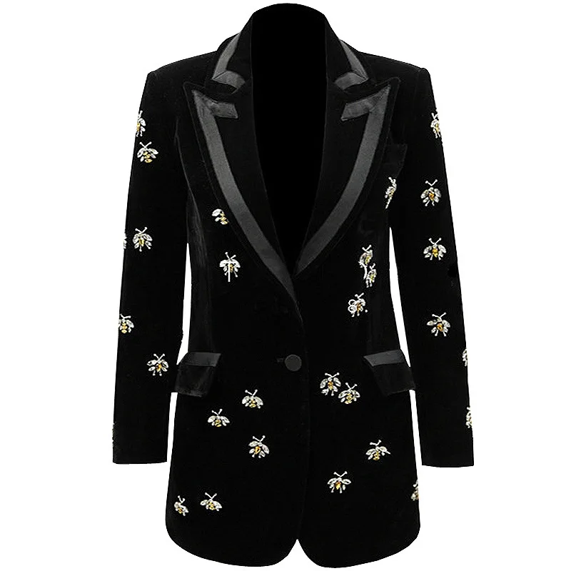 High Quality Spring and Autumn Velvet Heavy Industry Hand Sewn Nail Beads Little Bee Medium Length Suit Top Coat for Women