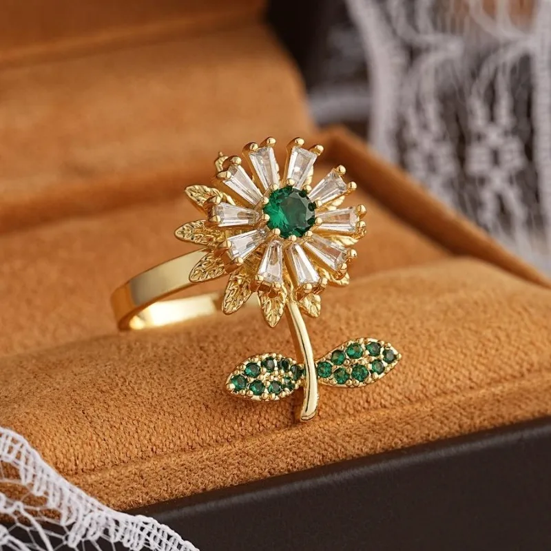 Unique 360 Spinning Flower Ring Adjustable Gold Plated CZ Ring - Perfect Birthday & Anniversary Gift for Friends & Women