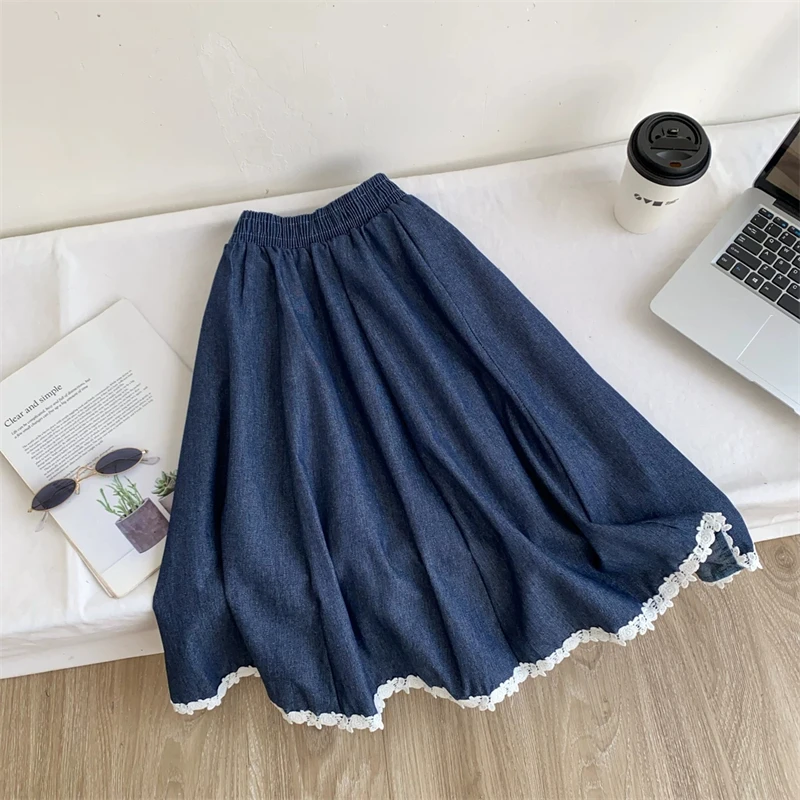 Casual Women Denim Midi Skirt Lace Hem Elastic Waist Pleated A‑Line Swing Long Jean Skirt Loose Ladies Daily Wear Skirt 9919