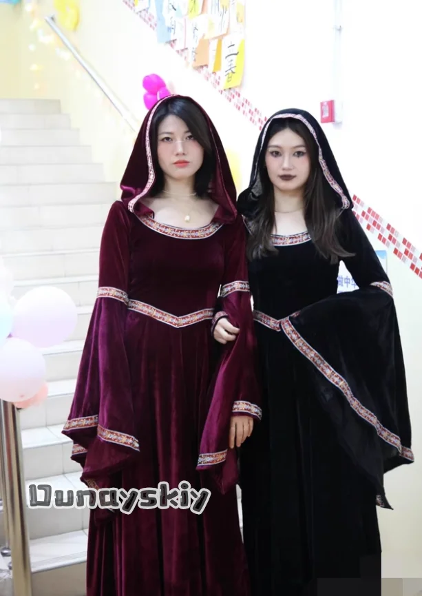

Halloween Gothic Hoodie Witch Cosplay Costume Medieval Retro Women's Dresses Long Skirt Halloween Vampire Adult Role-play Suits