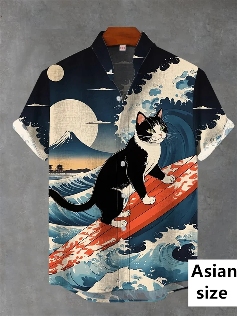 3D Print Japanese Ukiyoe Cat Graphic Men's Shirt Summer Casual Short Sleeve Tops Men Button Up Shirts Man Streetwear Polyester