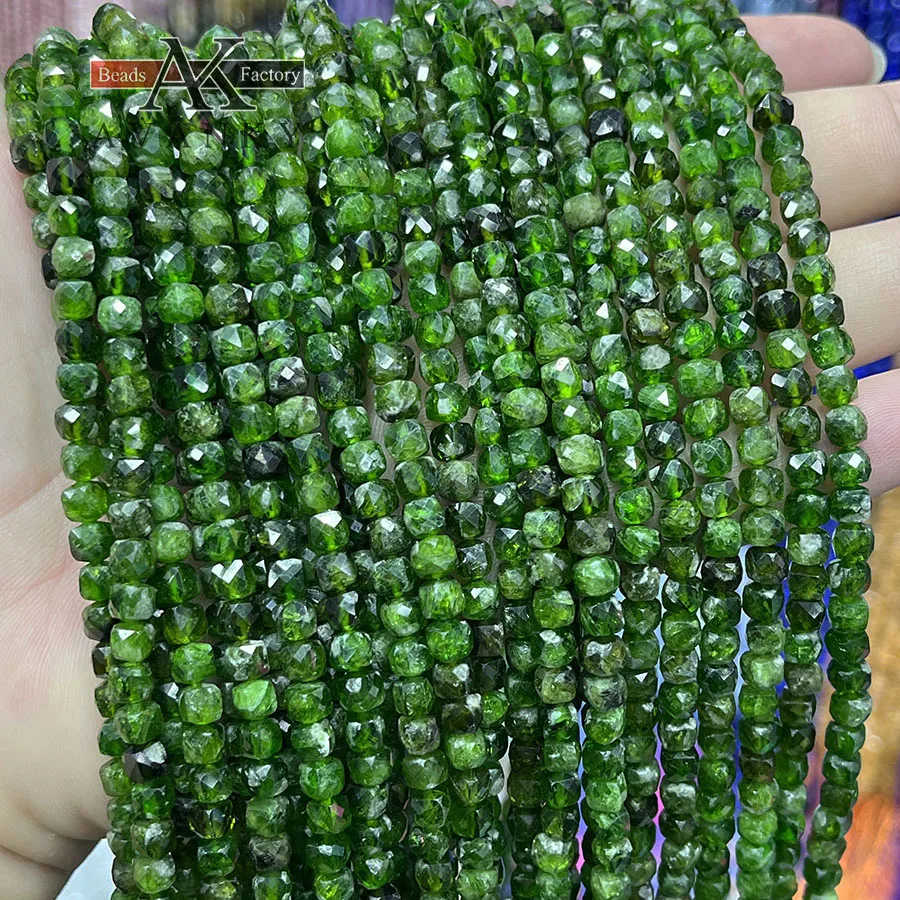 4mm Natural Green Diopside Crystal Handmade Faceted Cube Stone Loose Beads For DIY Jewelry Making Bracelet Necklace 15“