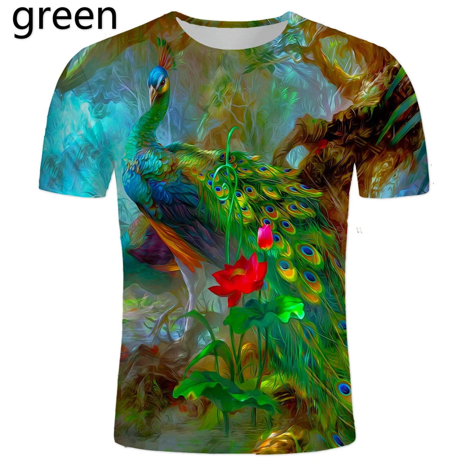 

2024 New Hot Street Casual Flower and Bird Print T-shirt Fashion Beautiful Peacock Print 3d T-shirt Top