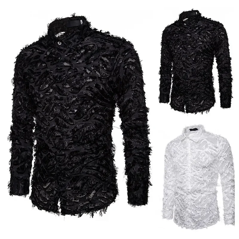2 Colors!2024 Summer New Men\'s Shirt Handmade Three Dimensional Feather Fabric Featured Collar Long Sleeve Shirts