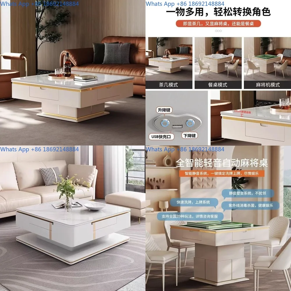 Marble Tile Mahjong Table Dining Table Coffee Table Luxury Modern Square Multi Functional Lift Two in One Home Living Room