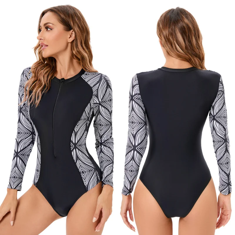 

One-Piece Zipper Swimsuit for Women, Long-Sleeved, Printed Sunscreen, Surfing Suit, Dive Skin, Snorkeling Suit