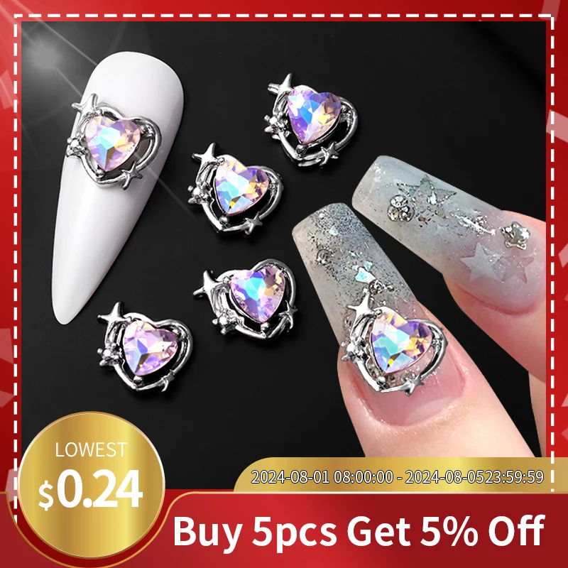 5PCS Love Heart Alloy Nail Art Charms Aurora Starlight Moon Star Asterism Jewelry Parts Accessories For Manicure Nail Decoration