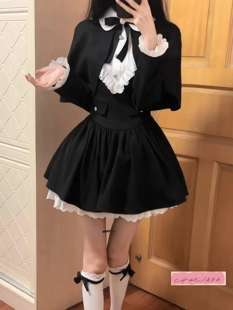 

Элегантный комплект платья во французском стиле ретро, женский комплект с длинными рукавами в готическом стиле Y2K, накидка, модная кружевная юбка в стиле Лолиты, комплект из двух предметов с бантом