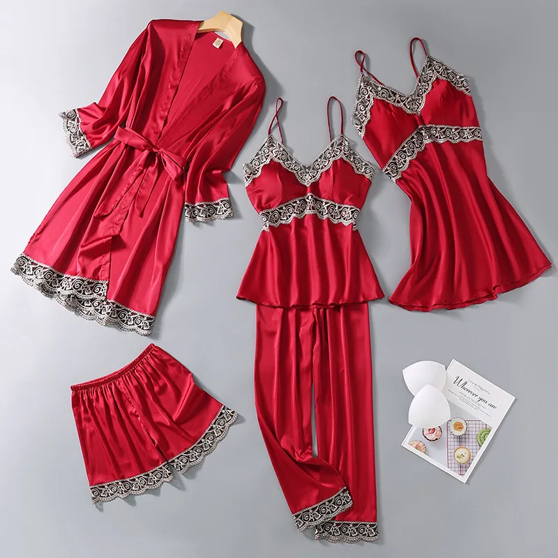 

European and American new sleepwear five piece set silk casual sexy women's underwear, home clothes, bathrobe