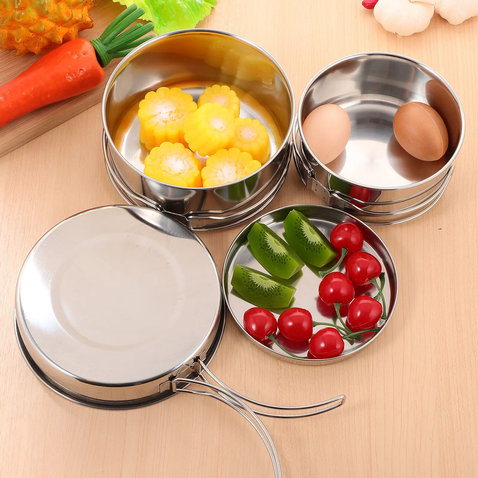 

Набор походной посуды из 4 предметов: кастрюли и сковороды из нержавеющей стали с антипригарным покрытием, складные, для пикника, походов и приключений