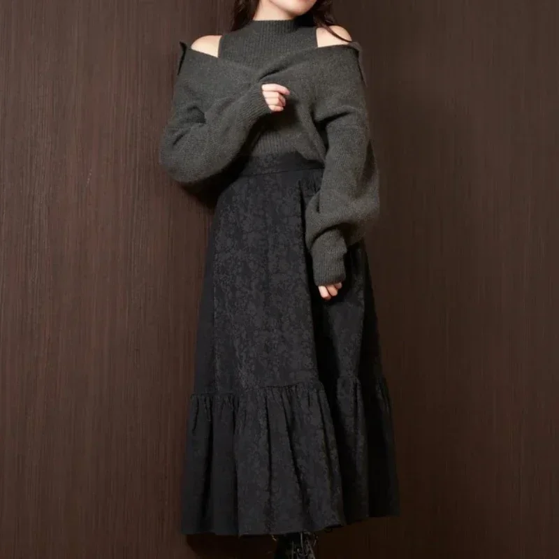 High Collar Knit Vests + Lantern Sleeve Kink Sweater 2024 Spring Winter New Women Suits Japanese Elegant Two Piece Sets