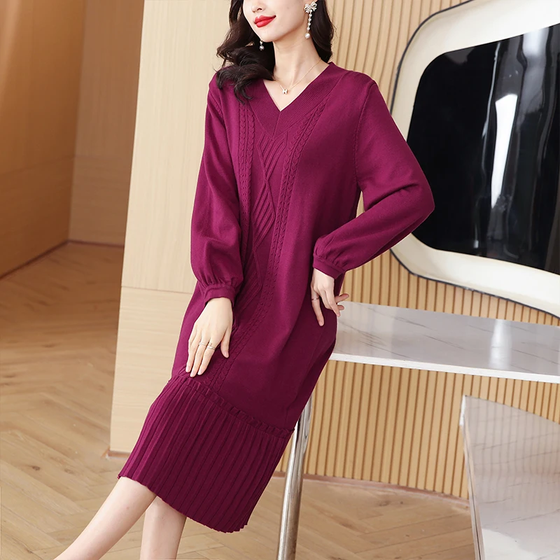 

2023 Autumn/Winter New Fashion Knitted Dress Women's High end Versatile V-neck Loose Fit Casual Holiday Dress Vestidos