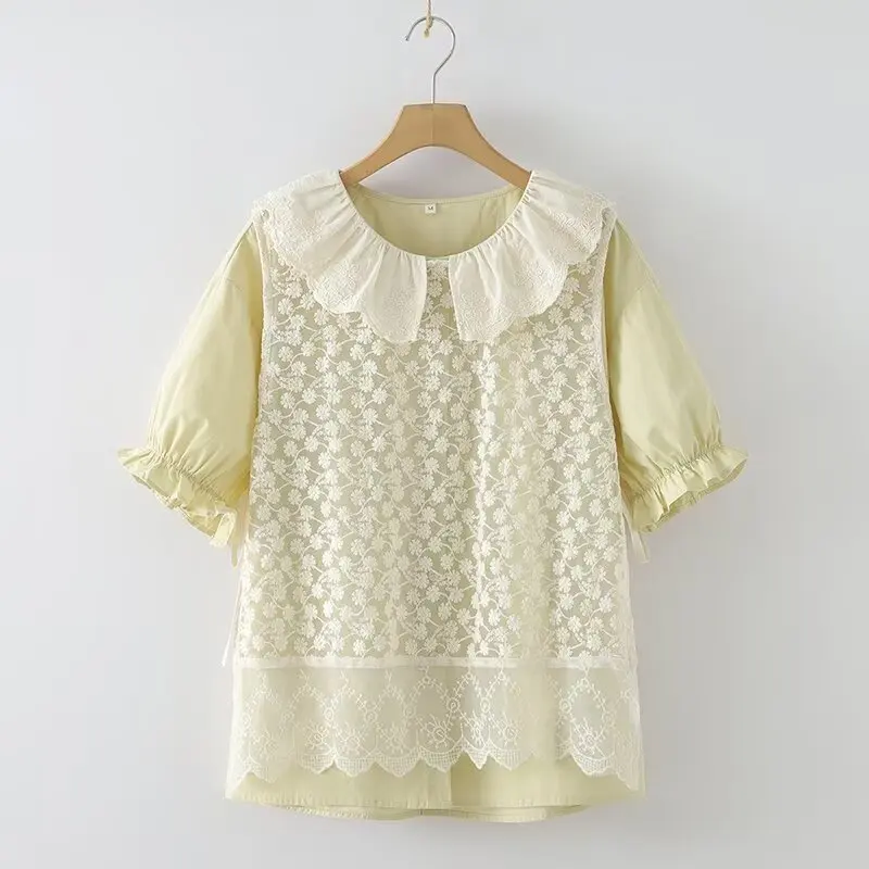 ใหม่2025ฤดูร้อนผ้าฝ้ายเสื้อชุด2ชิ้นผู้หญิงTurn-Downคอเย็บปักถักร้อย, Moriสาวหวานแขนสั้นชุดS55824CC