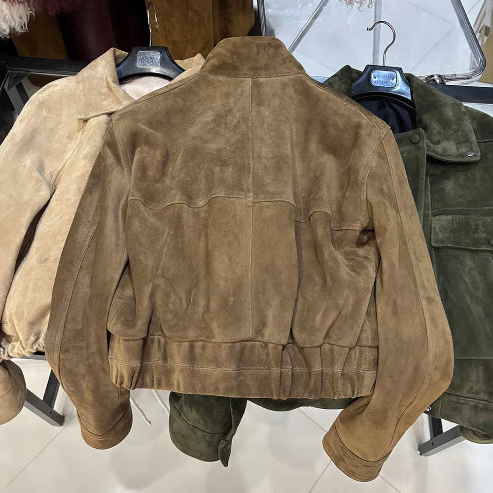 YOLOAgain 2026 Spring Short Suede Bomber Jacket Women Genuine Sheepskin Leather Jacket Ladies
