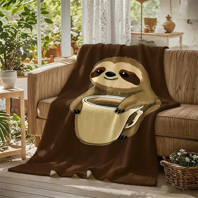 Sloth Coffee Cup Brown Flannel Blanket Perfect for Sofa Office Bed Travel Sleep Read Relax Camping Four Season Use