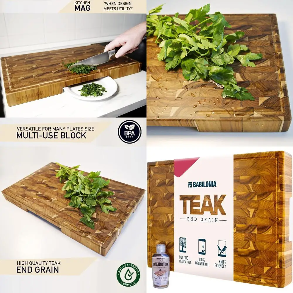 

Толстый 1,7 блок мясника из тикового дерева премиум-класса, большая разделочная доска для зерна 19,7x12,2 с ручкой, маслом и тарелкой