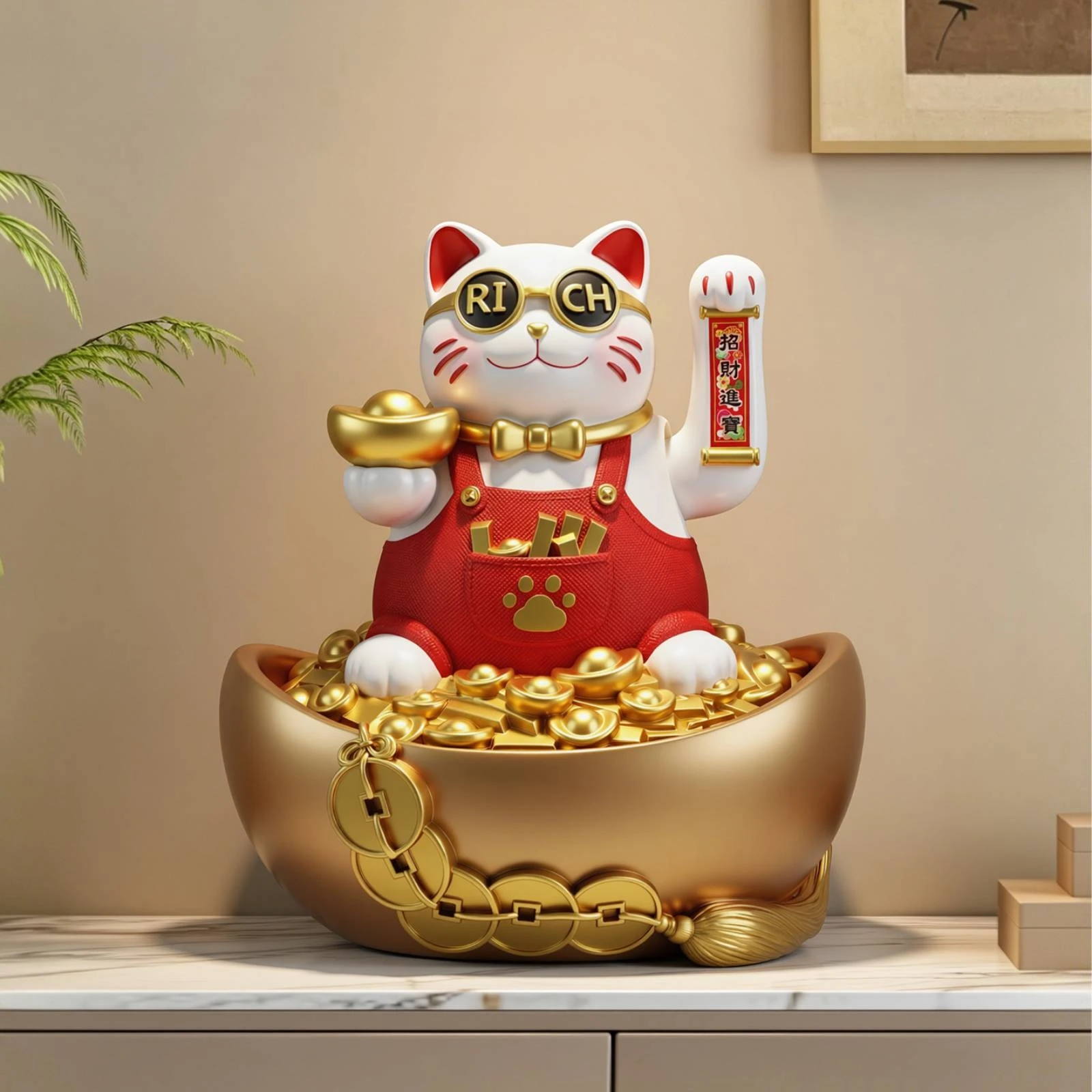 Fortunate Cat Figurine with Raised Paw Gold-Toned Maneki Neko Ornament Whimsical Decoration Kawaii for Business Owners