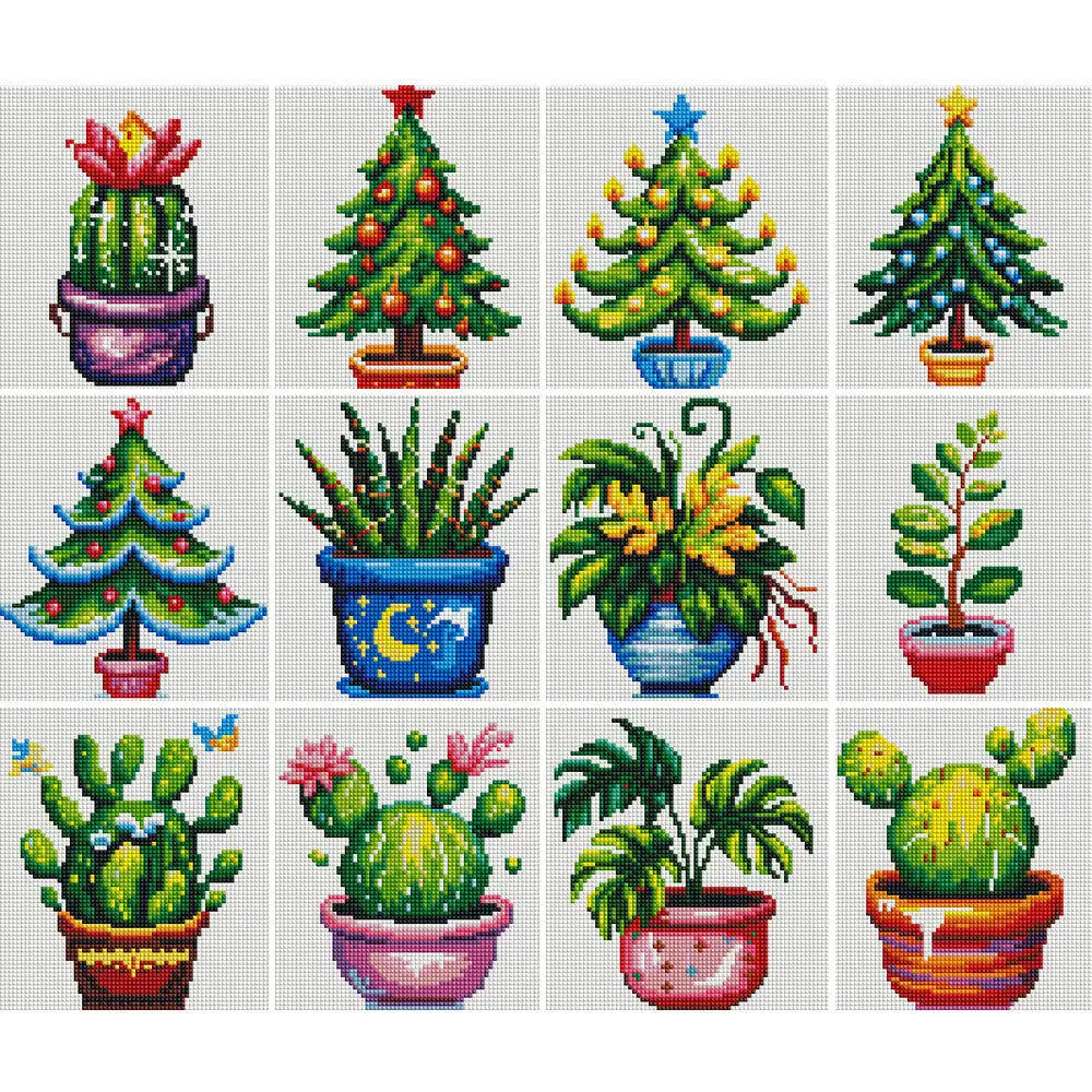 Huacan 12-teiliges Diamant-Gemälde, Kaktus, komplettes Set, komplett, rund, Diamant-Mosaik, Cartoon-Baum, handgefertigte Heimdekoration
