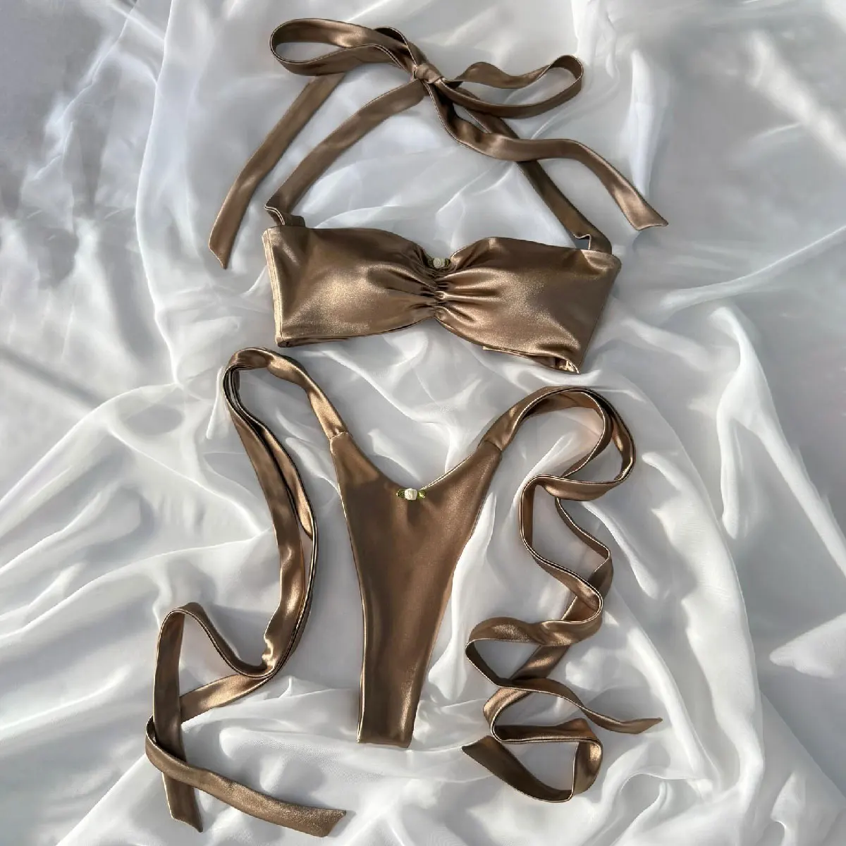 

Сексуальный однотонный коричневый купальник-бикини с V-образным вырезом и завязками на шее, женский бразильский купальник с кружевной отделкой, юбка А-силуэта, летний женский купальный костюм