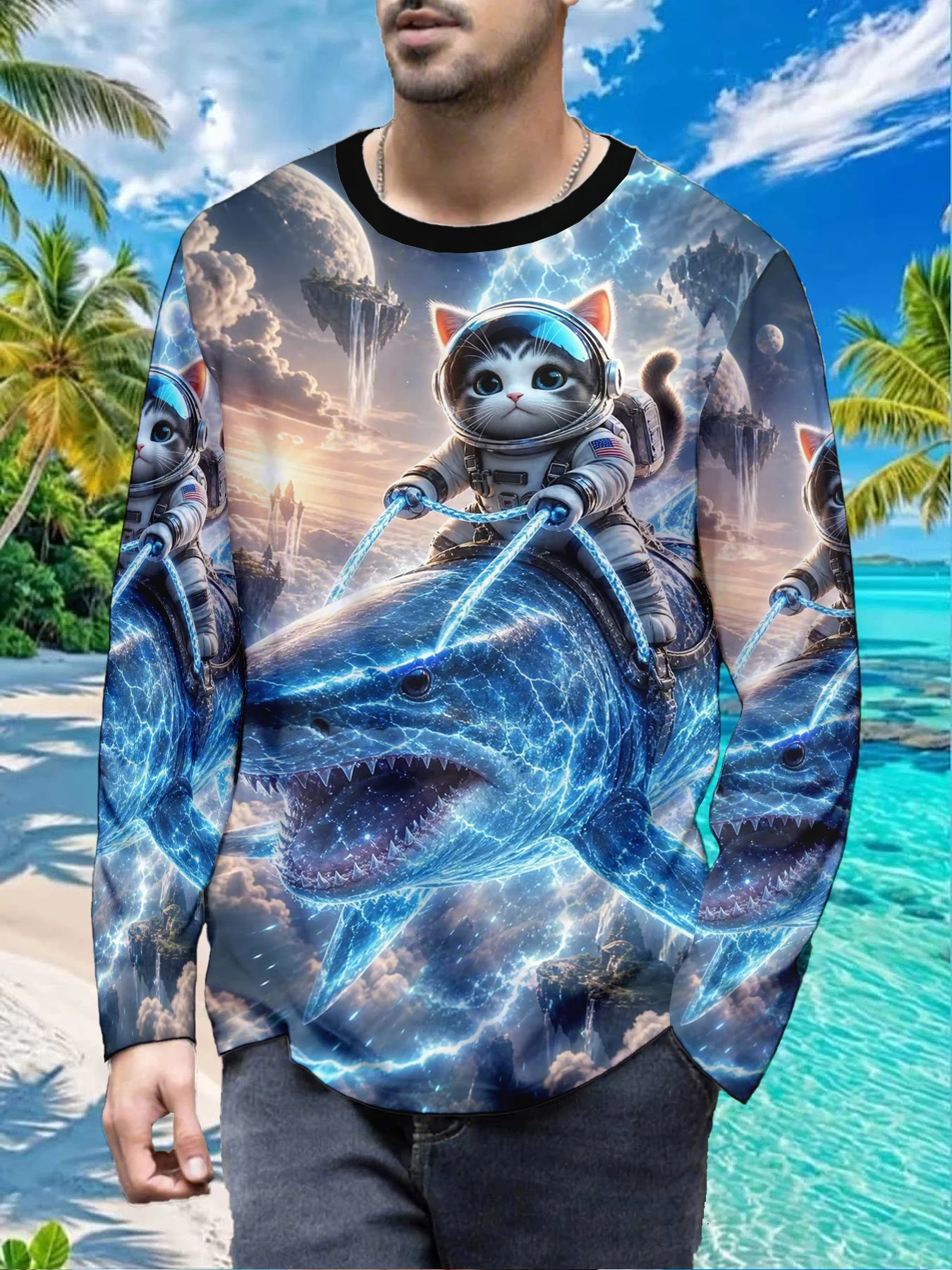 Outer Space Astronaut Cat Shark Mens Polyester Long Sleeve T Shirt Cute Galaxy Lightning Print Graphic Tee Casual Streetwear Nov