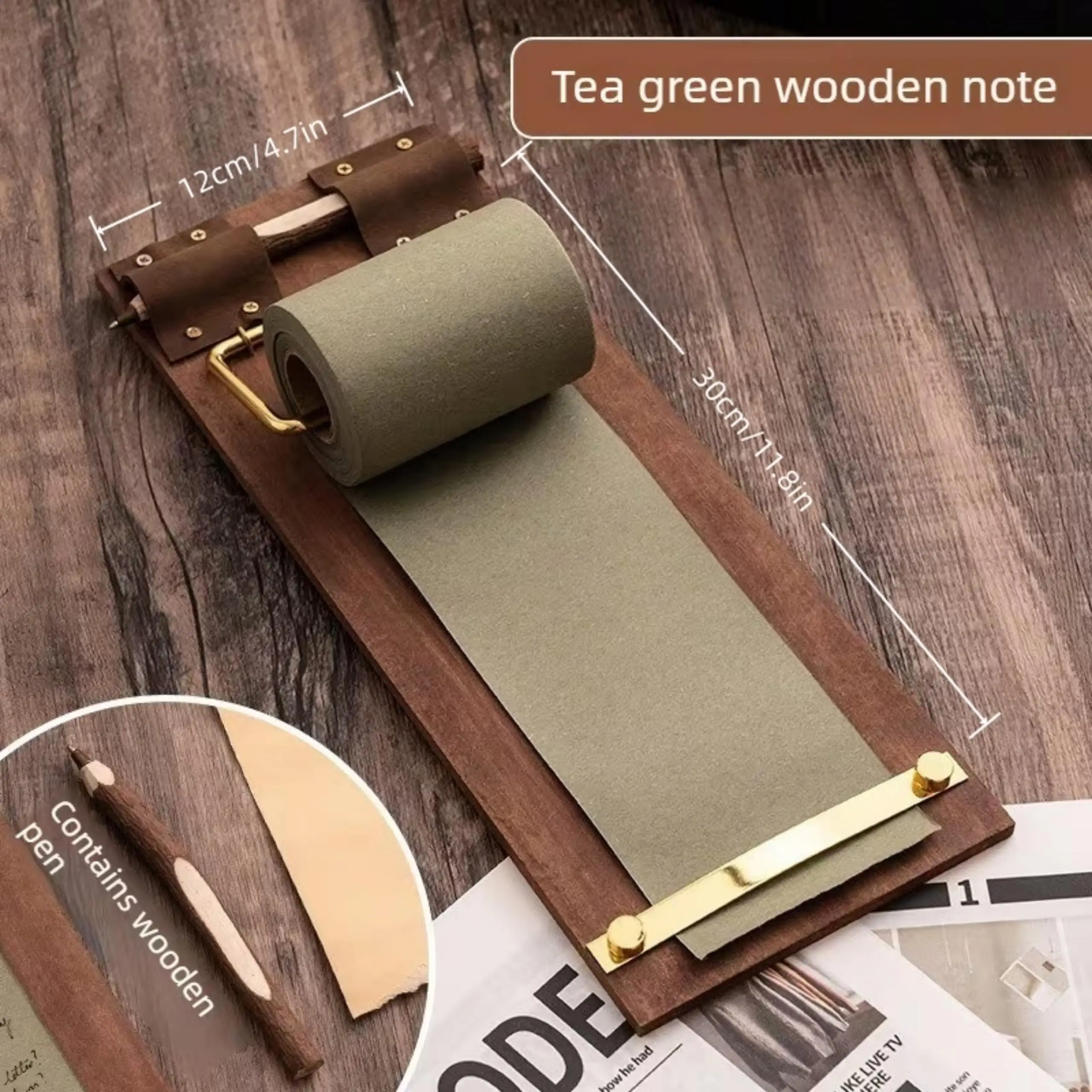 Retro Wall Mounted Memo Board with 1 Natural Dark Green Roll – Rustic Clipboard Notepad, Tearable Writing Pad for Notes, Menu