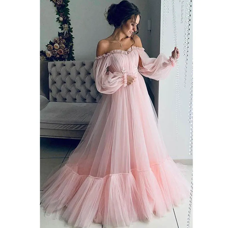 Vestidos de Fiesta rosa para mujer, vestido Formal de tul con un hombro al aire, mangas abullonadas, azul claro, longitud hasta el suelo