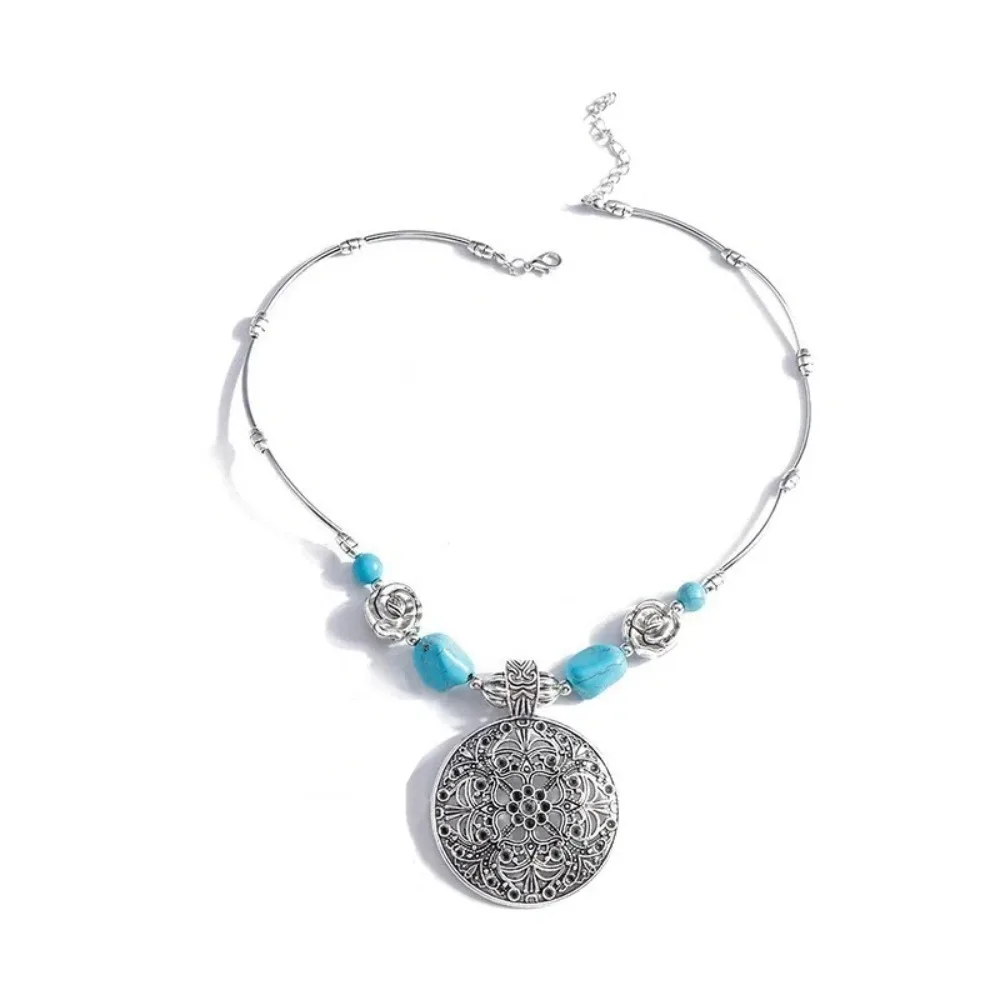 Vintage Chic Bohemia Ethnic Pedant Turquoise Beads Metal Chain Chain Necklaces Charm Flower Jewelry Accessories Women Girls