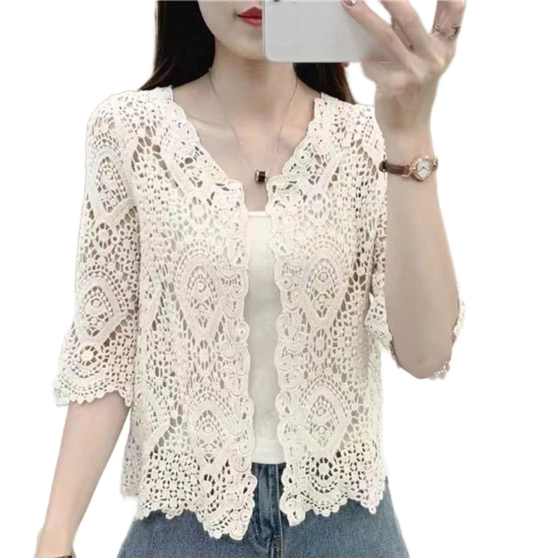 Women Knitted Lace Shrug Boho Hollow Crochet Floral 3/4 Sleeves Open Front Cropped Cardigan Elegant Mesh Sweater Coveup