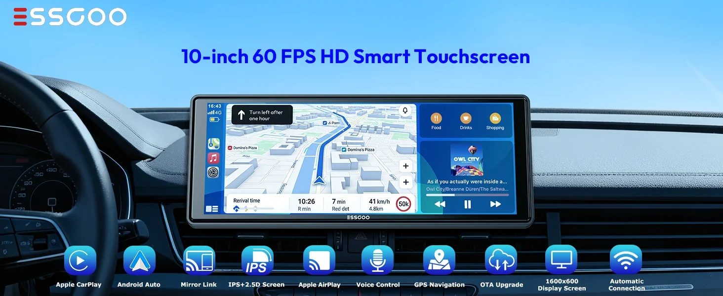 ESSGOO 10,26" Tragbare Universelle Drahtlose Carplay-Halterung für Wohnmobile, LKWs, Autoradios, Tourscreen, Android Auto, Bluetooth, FM, Lenkradsteuerung, Einfach zu installieren – Detail 1