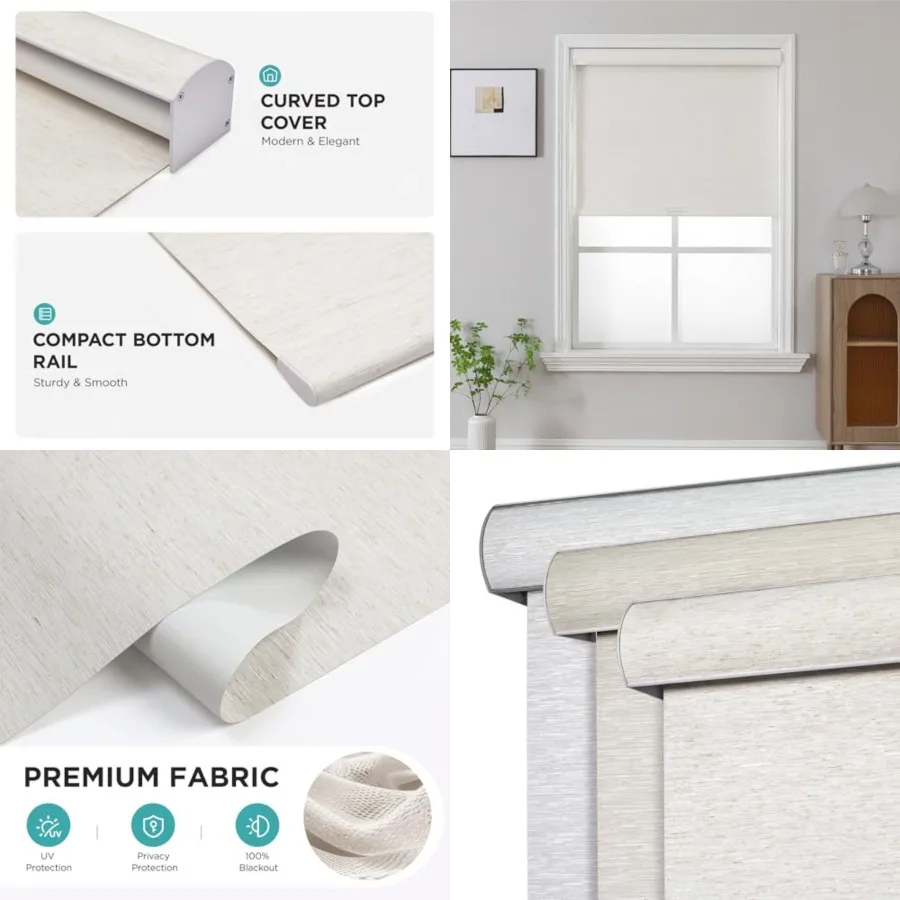 

Natural Woven Roller Shades for Indoor Windows, Cordless Blackout Blinds with Curved Valance, Thermal Insulated UV Protection P